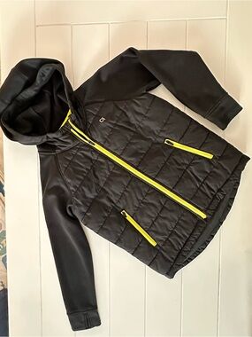 Gap Kids Black Hooded Puffer Jacket with Yellow Zippers